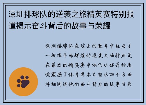深圳排球队的逆袭之旅精英赛特别报道揭示奋斗背后的故事与荣耀