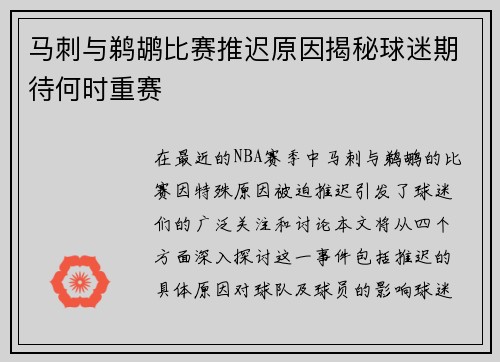 马刺与鹈鹕比赛推迟原因揭秘球迷期待何时重赛